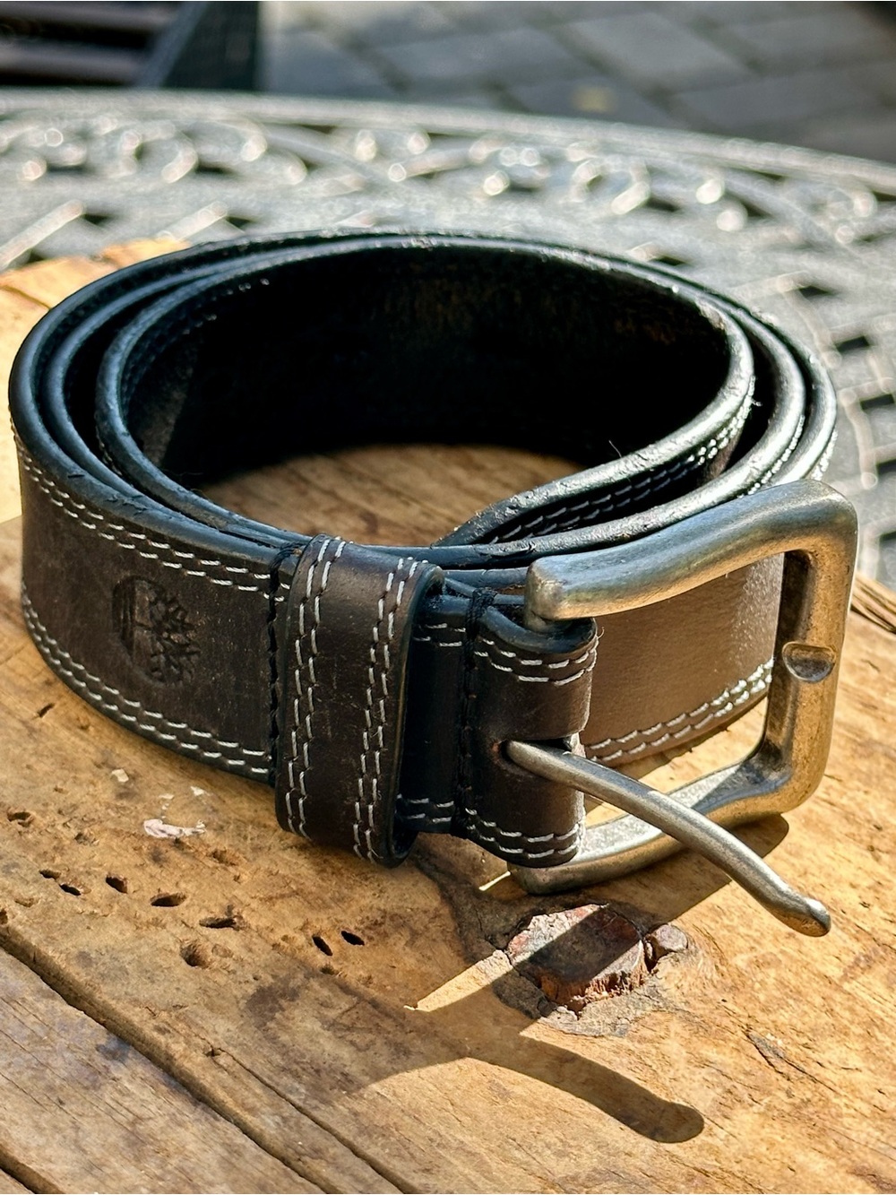 Timberland Genuine Leather Belt Mens Size 32 Black Contrast Stitch